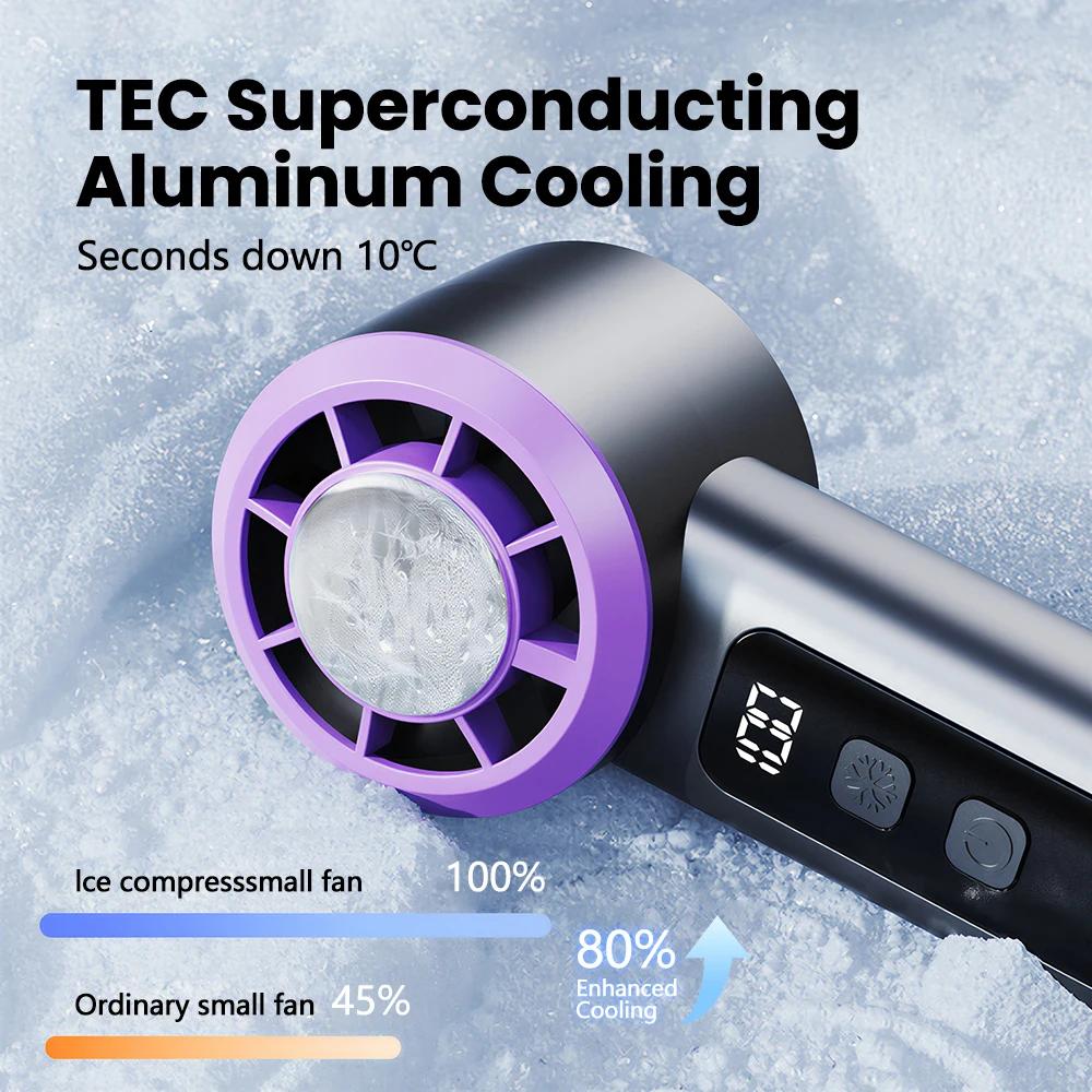 Handheld Mini High-Speed Turbine Fan with Ice Compres 100-Speed Wind Stepless Speed Adjustment LED Display Portable Cooling Fan