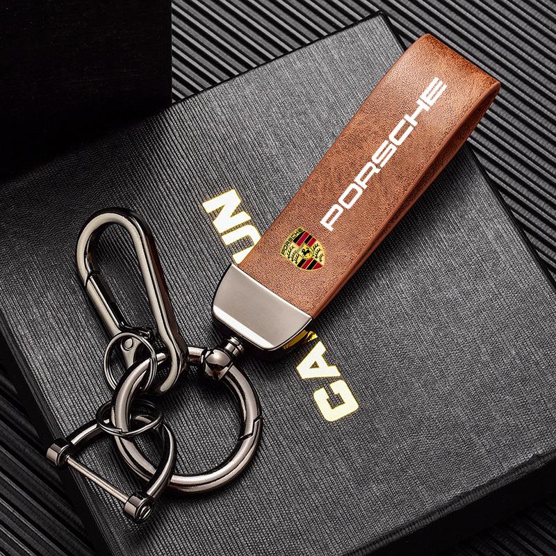 

Car Vintage Leather Keychain Ring Zinc Alloy Chains Keyring For Porsche Cayenne Panamera Macan 911 718 Taycan Boxster Cayman 918 коричневий