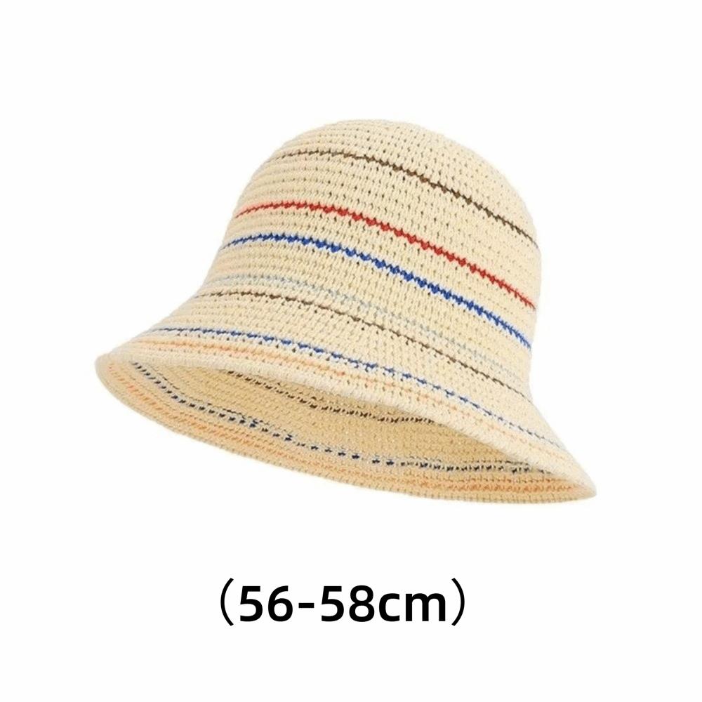 Color-Blocked Striped Knitted Hollow Fisherman Hat Vintage Style Bucket Sun Hat  Beach