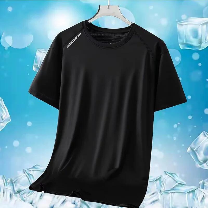 Camiseta masculina de verão com gola redonda, plus size, seda gelada, esportes ao ar livre e lazer, secagem rápida, manga curta, cor sólida