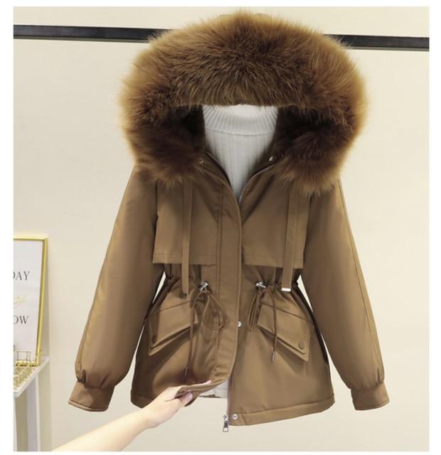 Bavlněná polstrovaná zimní bunda s velkou kožešinou, velikost 3XL, dámská volná štíhlá teplá parka s kapucí, péřová bunda