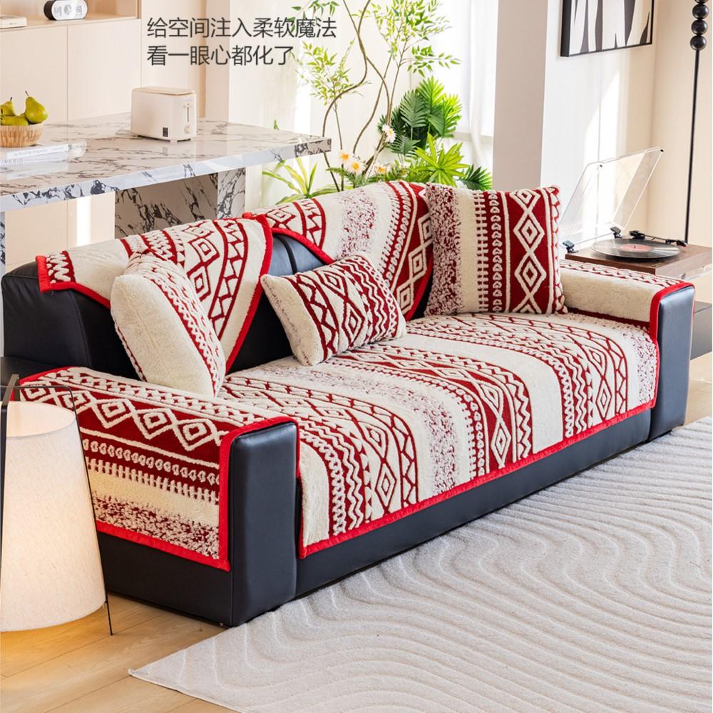 Vintage Winter Soft Home Decor Red Mats Fleece Universal Shaped One-Piece Non-Slip Fixed Sofa Cushion Throw Cover