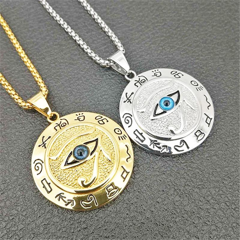Eye of Horus Muslim Rune Pattern Round Pendant Necklace Men's Necklace Sliding Pendant Metal Necklace Amulet Accessory Jewelry