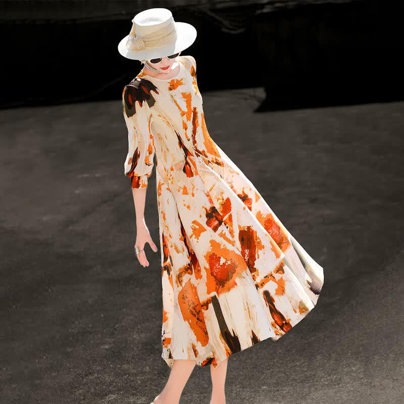 

Lancer 2026 Summer Retro Elegant Pleated Printed A-Line Dress OS