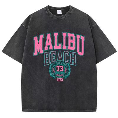 Malibu Beach Gewassen T-shirt Dames Letterprint Katoenen T-shirt Comfortabele Ronde Hals Tops Casual Oversized Kleding