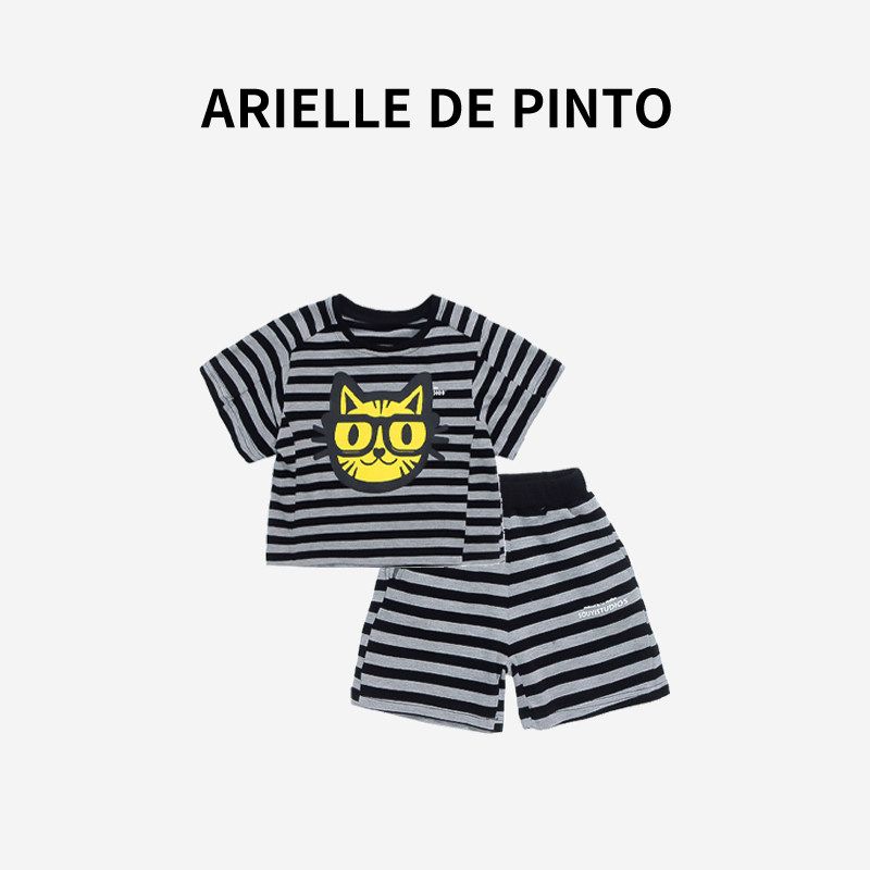 French Arielle De Pinto Girls  Suit Summer 2026 New Casual Cat Striped Short-Sleeved Suit Suit 100