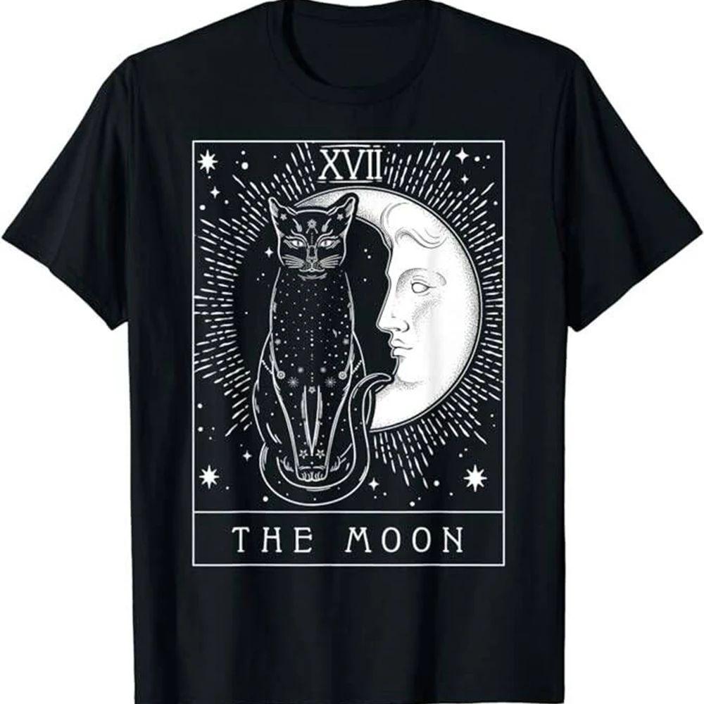 

New Fashion Tarot Card Crescent Moon And Cat Graphic T-Shirt 100% Cotton Hip Hop Streetwear Tops Tops Tees Men s Clothing 43007 4XL