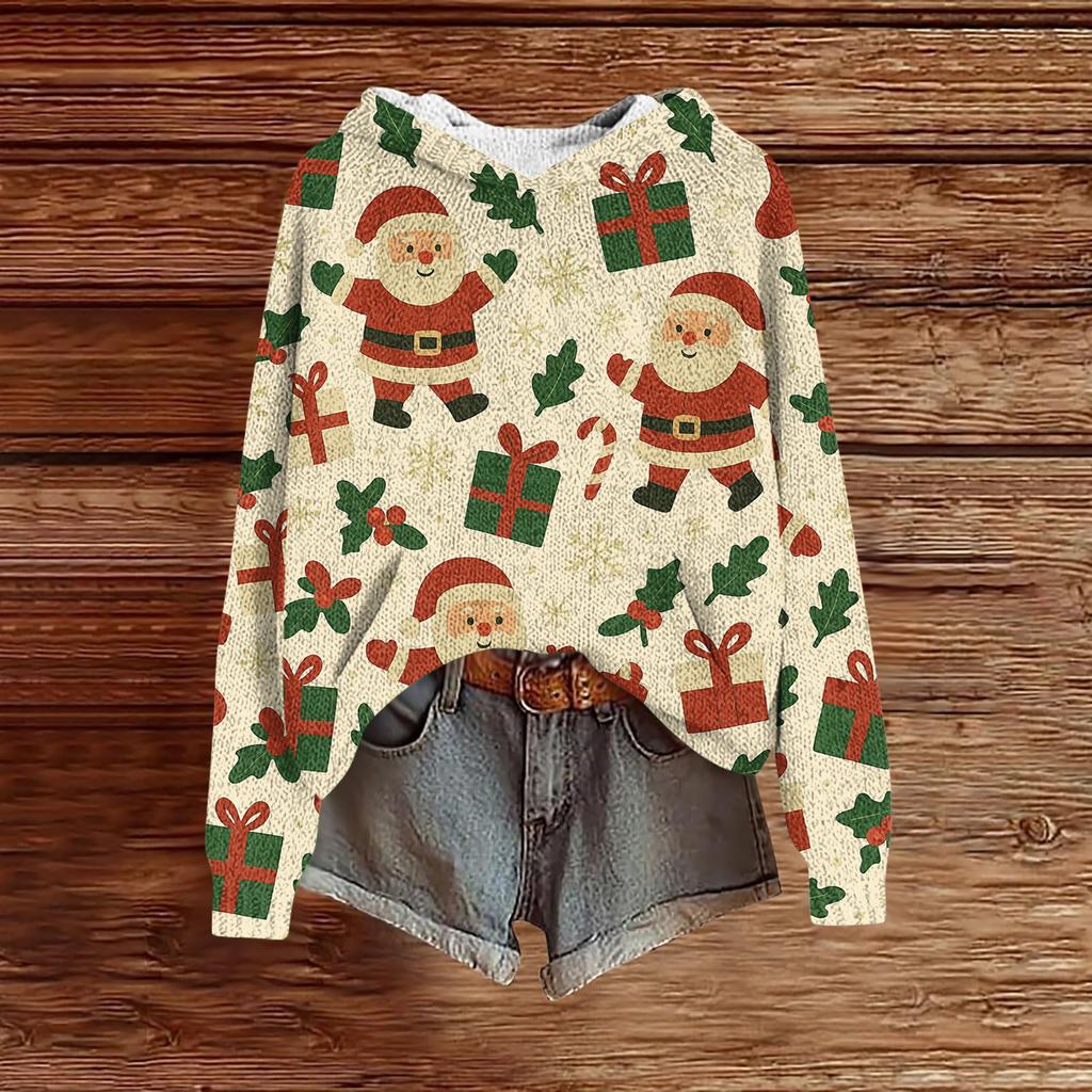 Women's Fashion Casual Long Sleeve Christmas Print Hooded Knitted Sweatshirt