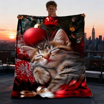 1pc Christmas Kitten Outdoor Flannel Blanket Soft All Season Polyester Throw , Perfect for Picnics & Travel , Picnic Accessory