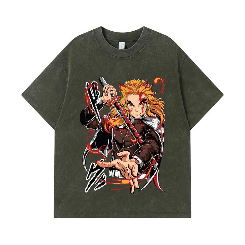275 GSM Washed T-shirts 100% Cotton Demon Slayer V85 Rengoku Print Unisex Heavy Cotton T Shirt