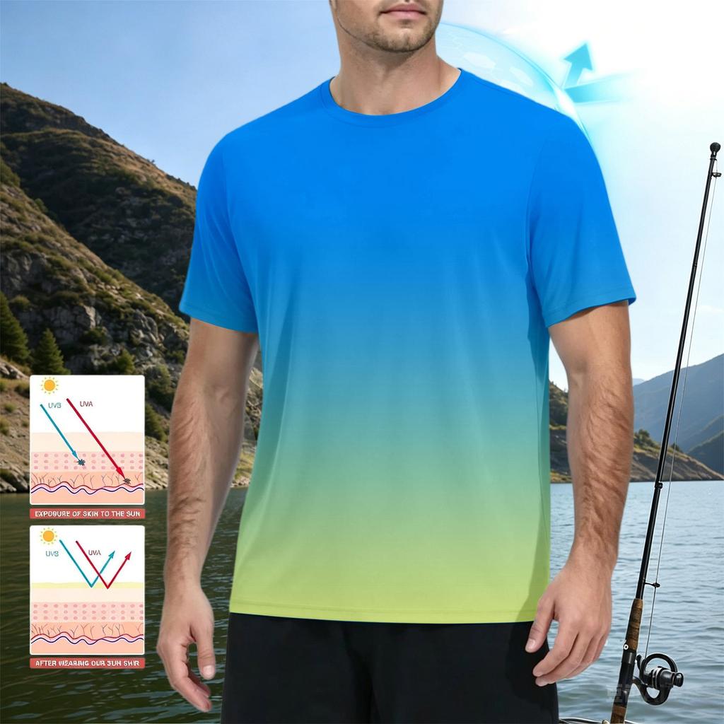 Men's Summer Quick Dry Short Sleeve T-Shirt Gradient Print Lightweight Fitness Athletic Top for Outdoor Sports
