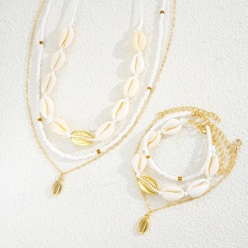 6Pcs/Set Seaside Shell Rice Beads Necklace Bracelets Set for Women Vintage Gold White Color Stacked Jewelry Set Beach Party Gift