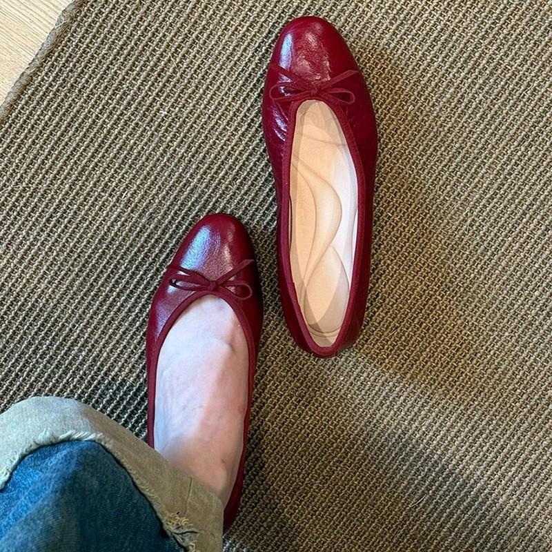 Huge Look! Super Soft Sheepskin Is Not Tired of Single Shoes, Retro Red Round Head Bow, Light Mouth Inner Height-increasing Ballet Shoes