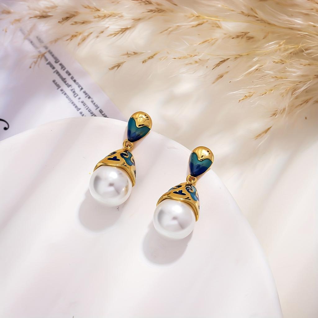1 Pair Vintage Elegant Women's Enamel Earrings - Turquoise Blue & Golden Antique Imitation -like Drop Dangle Earrings with Ornate Chinese/-Inspired Mo
