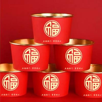 20pcs Lucky Fu Words Disposable Paper Bowls Paper 450ml Chinese New Year Bowls PE Film Durable Red Snack Bowls