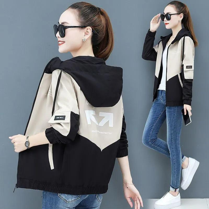 Women's Spring and Autumn Loose Hooded Trench Coat Printed Design Color Clash Jacket