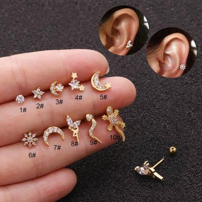 Thin Rod Screw Earrings, Stainless Steel Zircon Cartilage Earrings European American Style