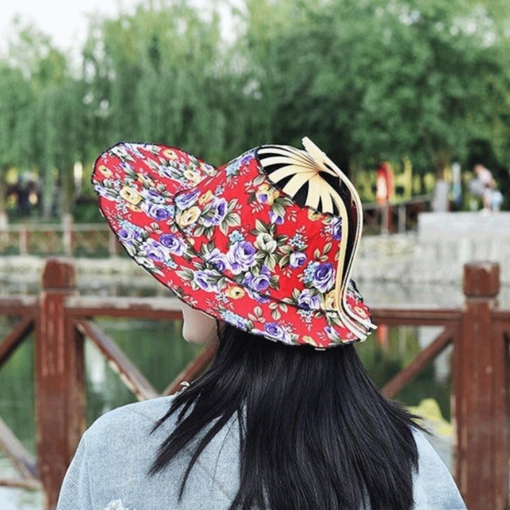 Wide Brim Folding Fan Hat Floral Printed Bamboo Sunscreen Cap Women Sunhat Fan Sun Hats  Beach