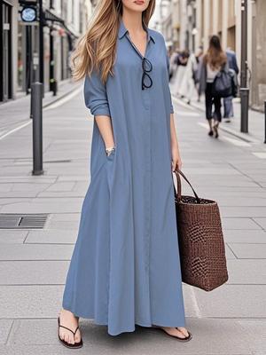 Damskie sukienki koszulowe z długim rękawem i klapami, z kieszeniami wpuszczanymi, luźne, casualowe, długie