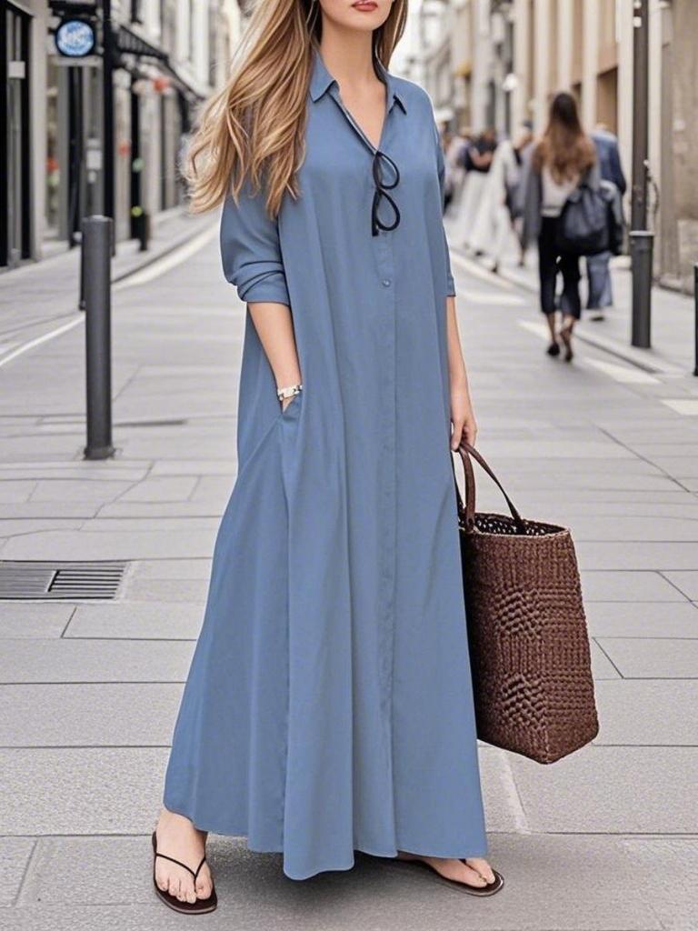 Women's Lapel Long Sleeve Plug Pocket Loose Casual Long Shirt Dresses