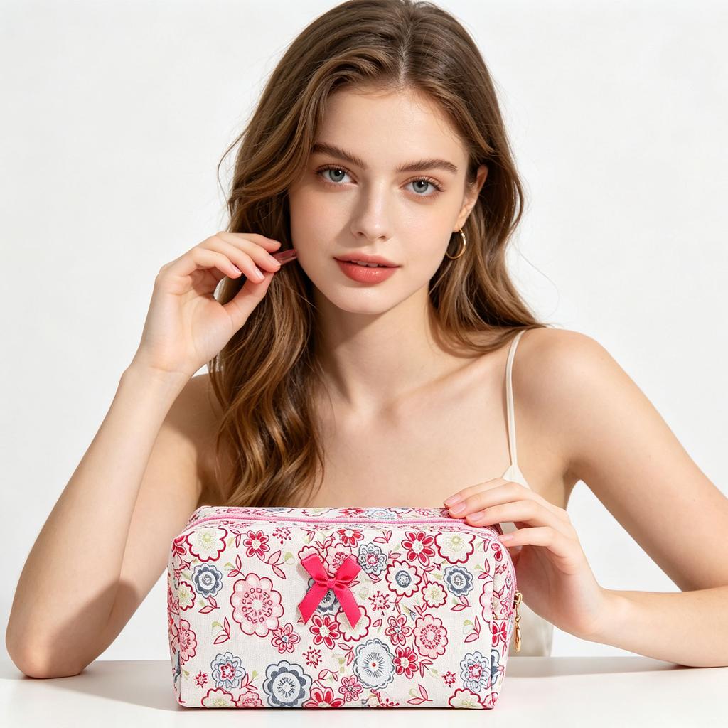 Quilted Cosmetic Bag with Floral Print Large Capacity Makeup Organizer Travel Toiletry Storage Pouch for Women