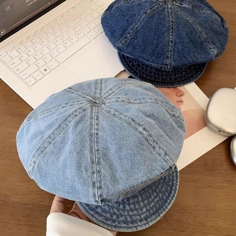 Newsboy Octagonal Cap Cloud Peaked Hat Korean Washed Denim Beret  Women