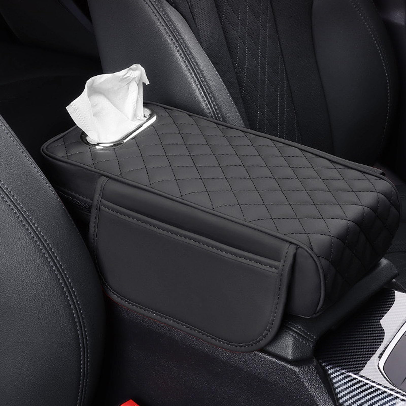 

EXCEREY Console Box Car Armrest Elbow Cushion with Tissue Convenient Ergonomic Reduces PU Memory Foam Suitable for Most Car Black with Tissue Box and