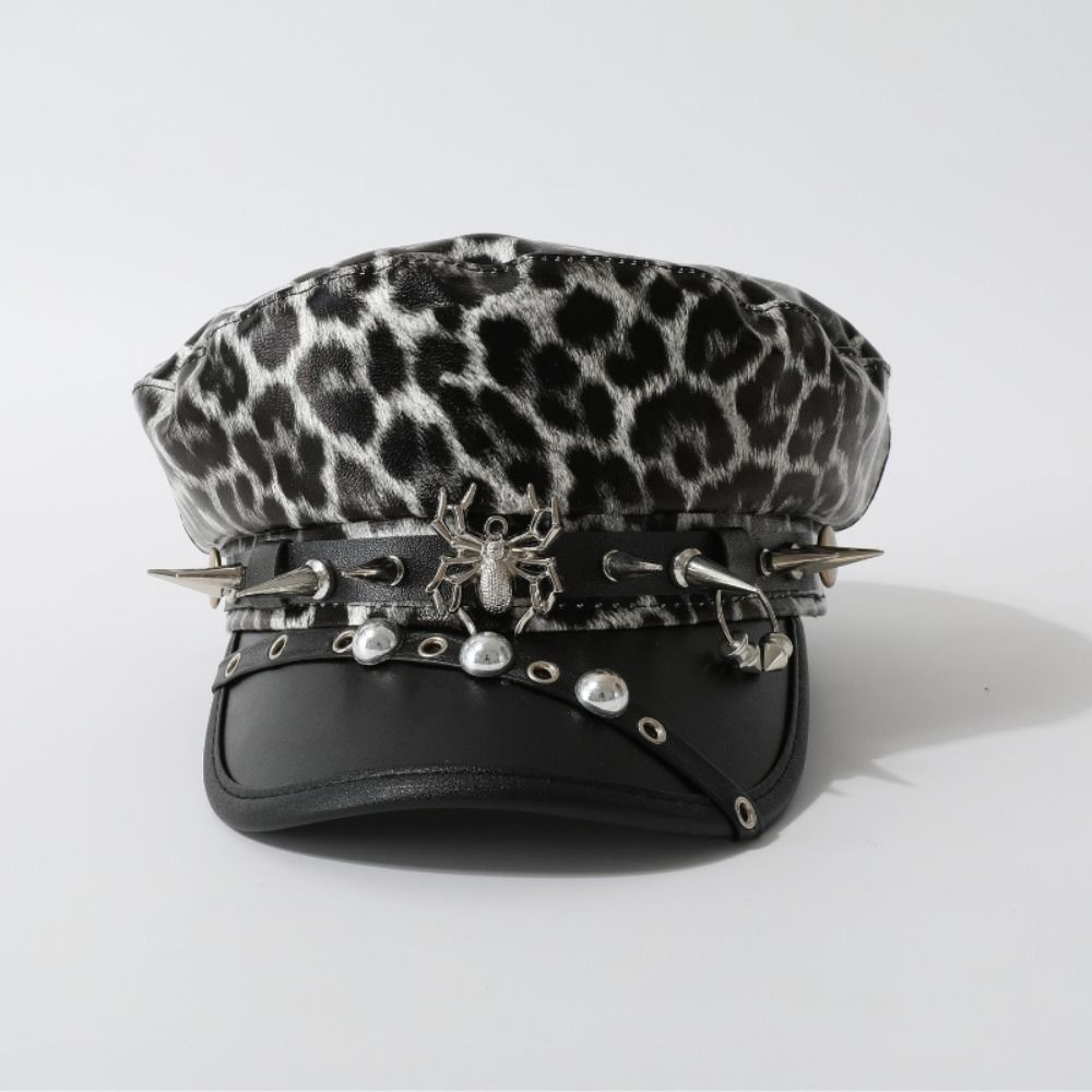 Hip-hop Y2k Beret Hat Punk Flat Top Cap Vintage Rivet Leopard Hat  for Girls