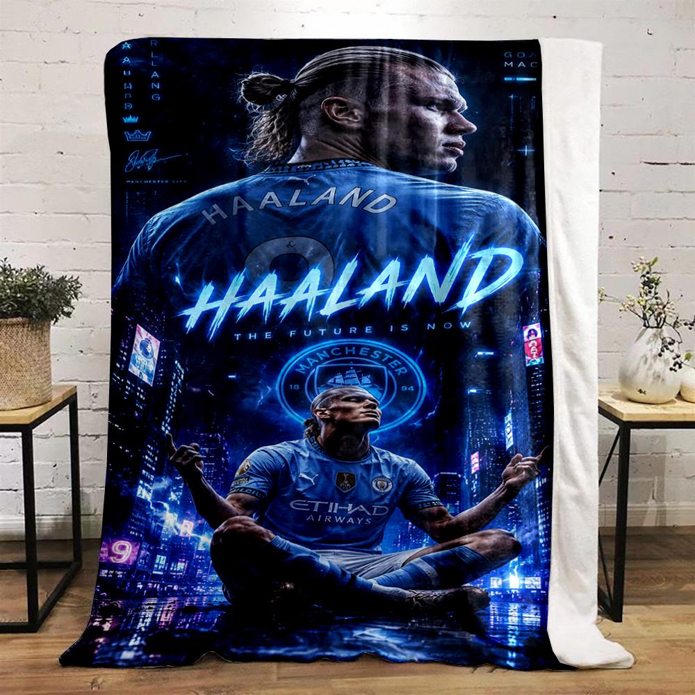 "Haaland Manchester City Blue Design printed Flannel blanket for bedroom, living room, sofa, and nap"