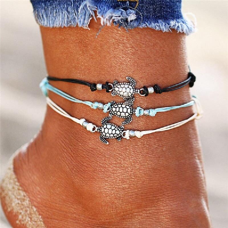 Aisikoo Boho Fußkettchen Set 10 Stück | Verstellbare Fußketten & Surferarmbänder | Geflochtene Freundschaftsbänder