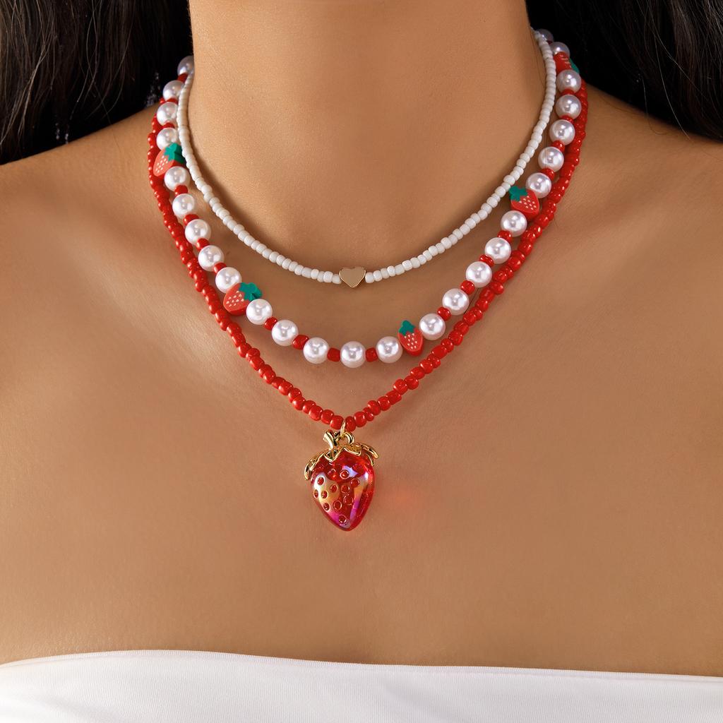 Trendy Red Fruit Cherry Beads Pendant Pearl Beaded Necklace For Women Trendy Party Clavicle Choker Jewelry Holiday Gift