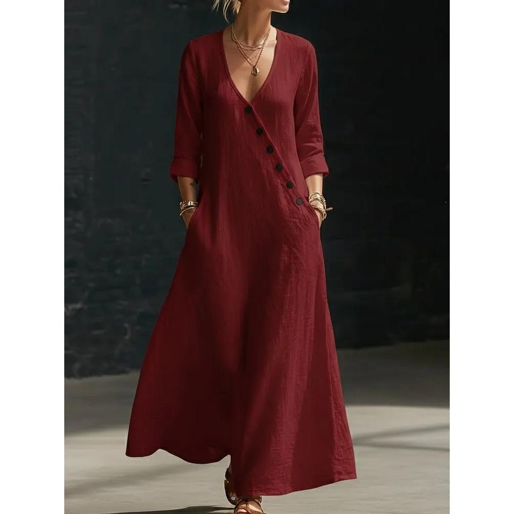 women s Linen Blend V Neck Maxi Dress 3/4 Sleeve Asymmetric Button Casual Long Dress with Pockets S бордовый
