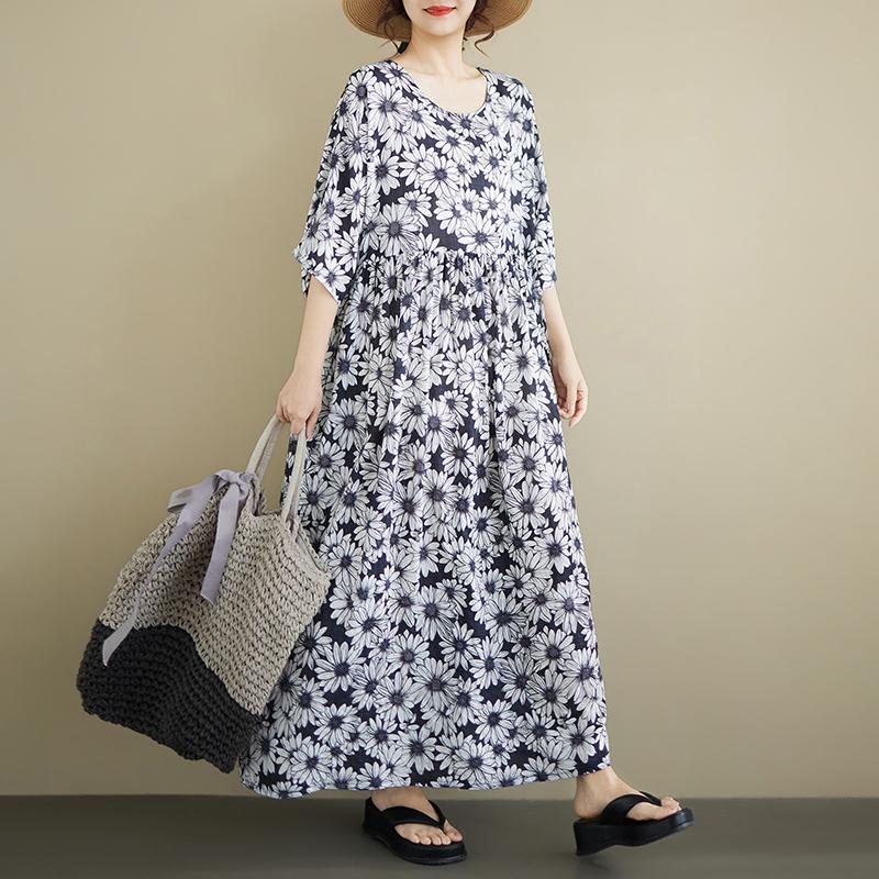 DIMANAF Nuovo Estate 2026 Spiaggia Donna Taglie Forti Signora Abito Lungo Vestito da Sole Ampio Oversize Maxi Stampa Floreale Cotone