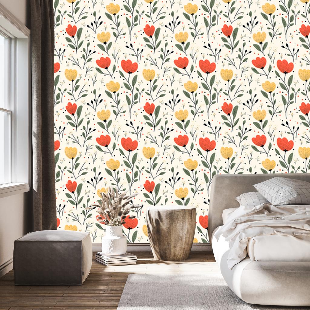 Wallpaper Flowers White, Light Gray, Cream and Lime 50x1000