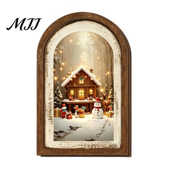 Farmhouse Christmas Tree Decorations Vintage Arched Wooden Wall Art, Double Layer Wood Framed Sign, Bedroom Winter Ornaments Xmas Print Hanging Decor