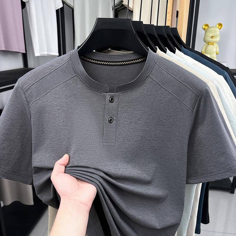 Men's Summer Short Sleeve Henley Collar Polo Shirt - Loose Fit, Solid Color, Casual Versatile T-shirt