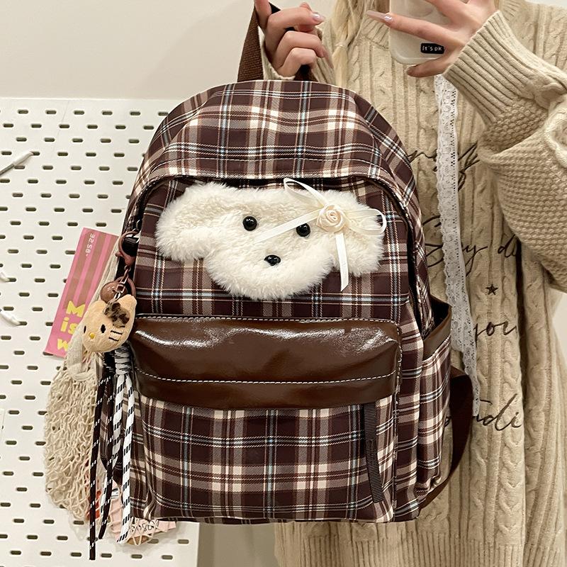Schoolbag Vintage College Style Plaid Puppy School Bag ins Versatile Girls High Value College Students Class Backpack Backpack