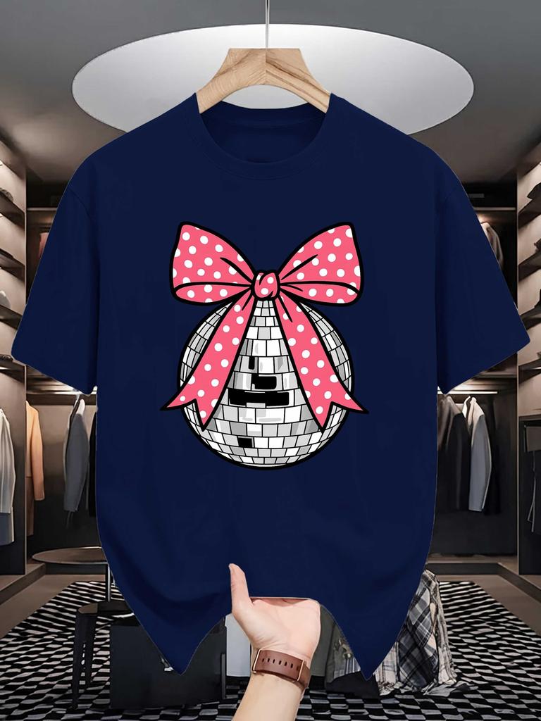 Unisex Cotton Tee Disco Ball Bow Trendy Graphic Print Loose Breathable Summer Crew Neck Casual Street T Shirt Unisex Daily Wear