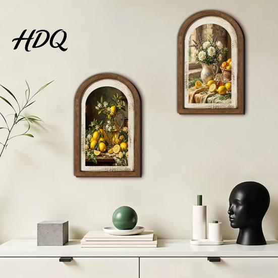Floral Wall Art Decor Lemon Arched Decor Pastoral Flowers Wooden Sign Nordic Retro Arch Hanging Style Decoration for Home Kitchen Bedroom