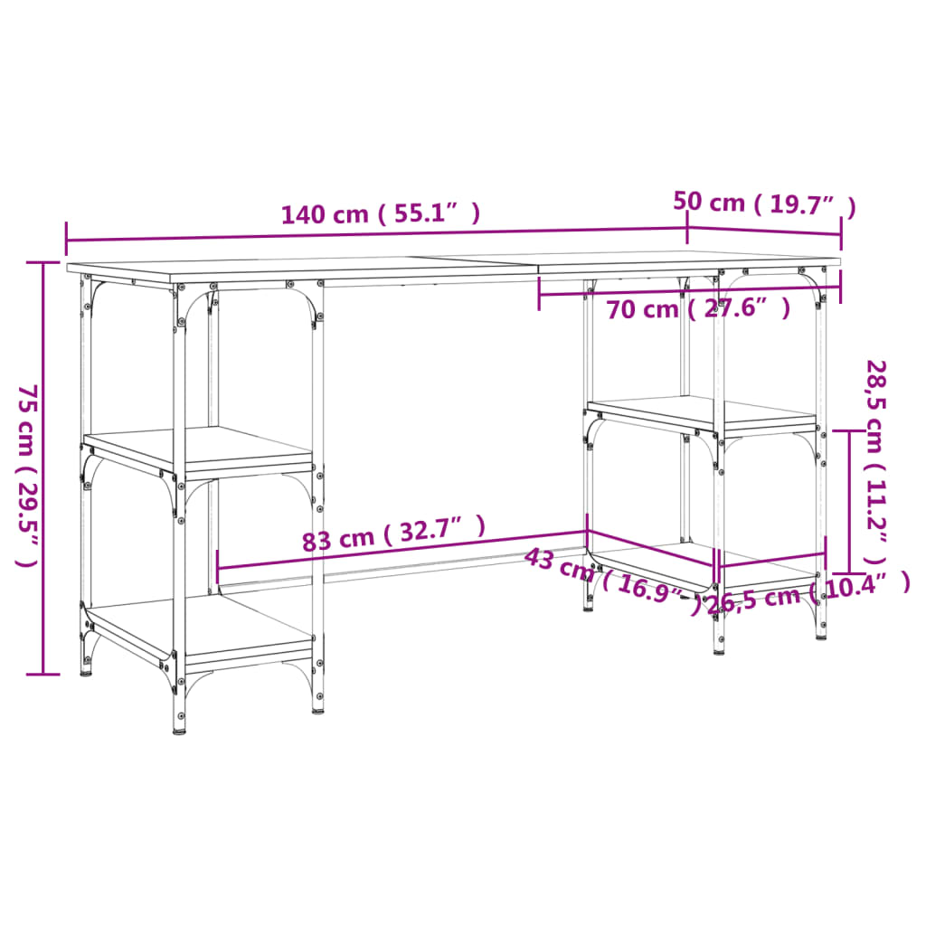 Desk Sonoma Oak Finish 140 x 50 x 75 cm Metal and Particleboard