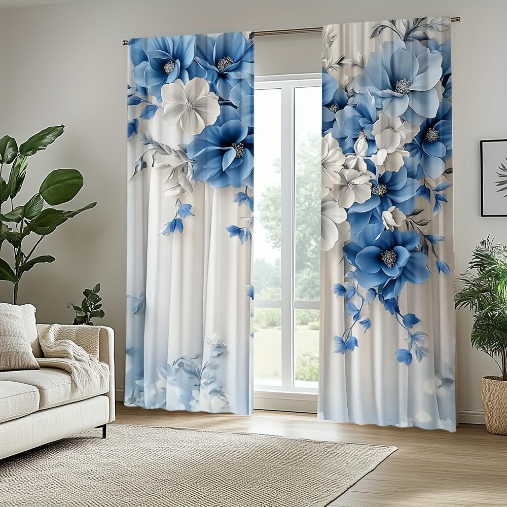 2 Pieces Blue And White Floral Print Door Curta - Machine Washable Polyester For Bedroom, Living Room, Kitchen, Office