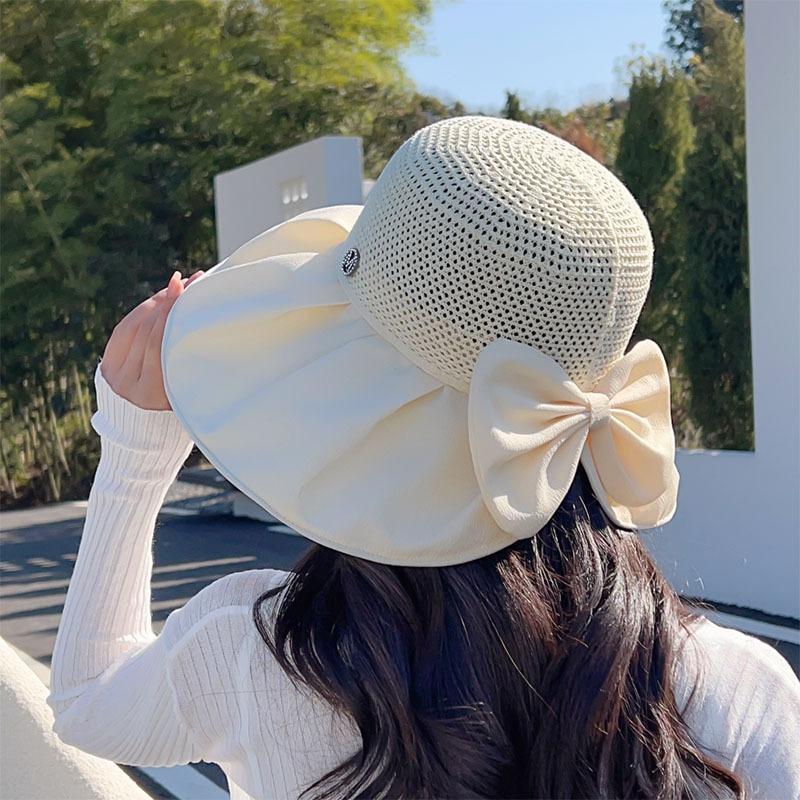 Summer Sunscreen Hat Female Face Cover Bow Hollow Bucket Hat Versatile Face Small Outdoor Sun Basin Hat