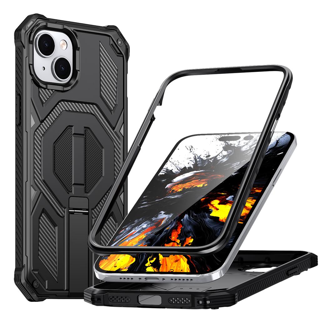 For iPhone 13 Magnetic Case Rotating Kickstand PC + TPU Shockproof Drop-proof Phone Cover