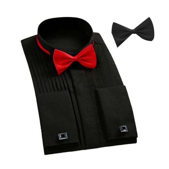 Bridegroom Shirt Top with Bow Ties Solid Color Long Sleeve Lapel Button-up
