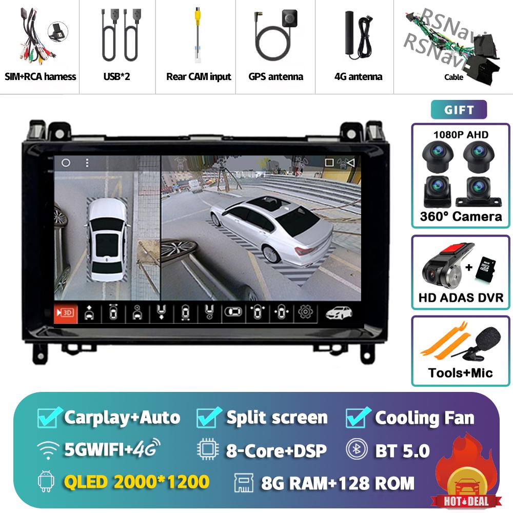 Android 14 Carplay Auto For Benz B200 Car Radio 4G+WIFI Player Multimedia Stereo 360 Camera Navigation Video Head Unit AI Voice