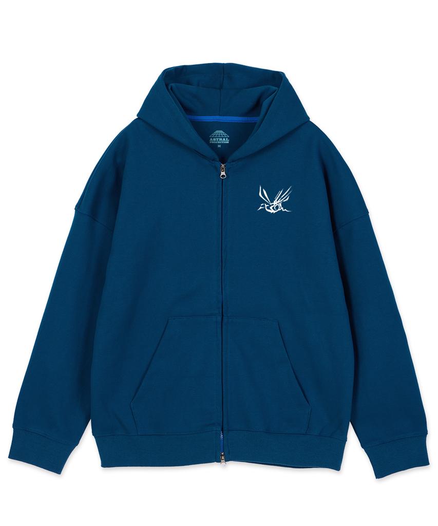 Astral Projection Crows Oversized Wide Shoulder Zip-Up Hoodie_Teal Blue