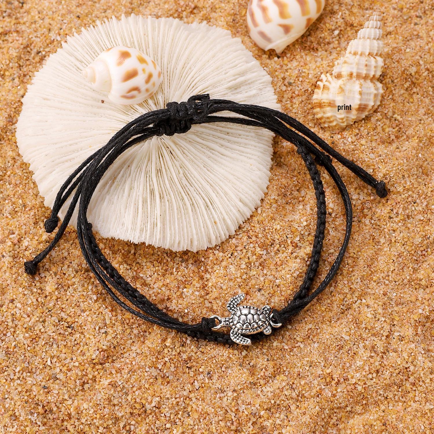 

Винтажный браслет на лодыжку из пеньковой веревки с черепахой: Ручная работа с древним серебряным шармом в виде черепахи