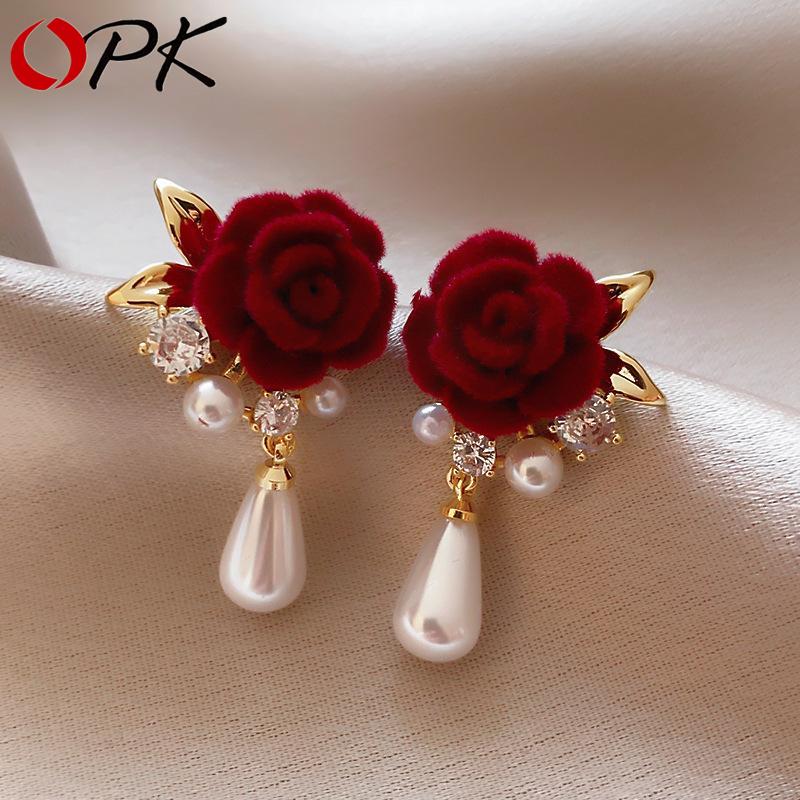 Red Rose Faux Pearl and Cubic Zirconia Earrings, Premium Vintage Stud Earrings… More