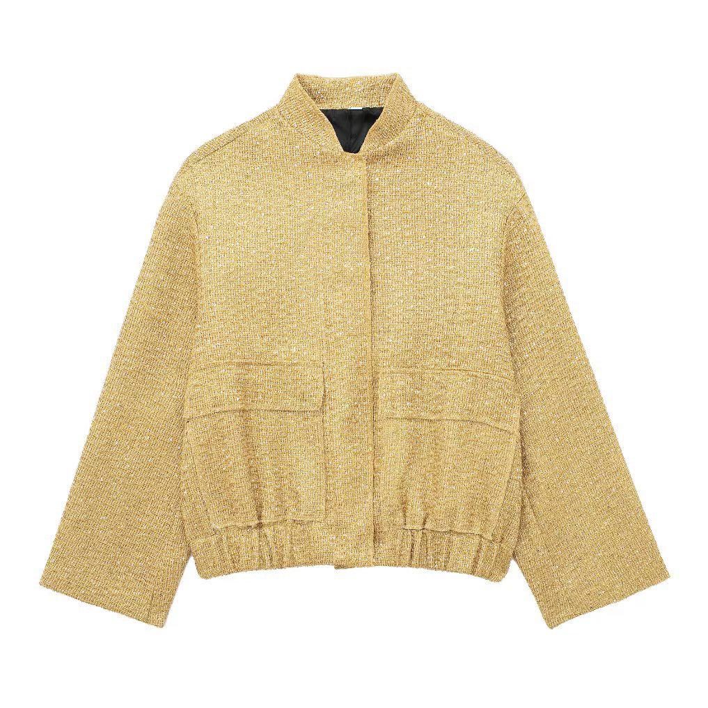 Chaqueta Holgada Dorada de Lentejuelas de Otoño para Mujer Brillante Manga Larga Casual Chaqueta Bomber con Bolsillos Abrigos de Moda Femenina