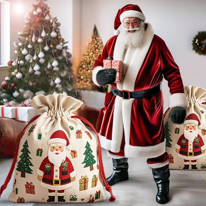 Christmas Large Canvas Drawstring Pocket Apple Large Gift Holiday Wrapping Gift Cotton Storage Bag